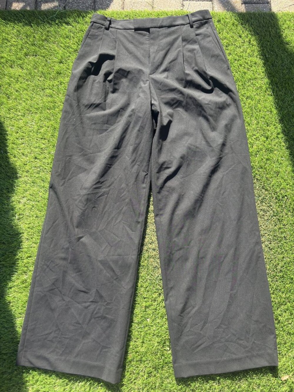 Uniqlo C Pleated Wide Leg Trousers Black Wool Blend Lined Size M